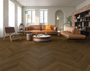 Dark brown engineered chevron wood flooring boards, UV-oiled brushed finish