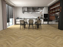 Glue-down herringbone LVT vinyl flooring in raw oak wood tone, plank pattern