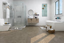 SPC click flooring with underlay, grey stone tile effect planks in a bathroom floor