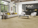 Light wood-look SPC click flooring with underlay, shown in living room