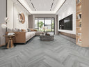 French grey herringbone click vinyl flooring with built-in underlay, plank layout