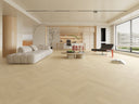 Light wood SPC click vinyl flooring with herringbone pattern and attached underlay