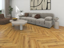 Smoked oak herringbone wood flooring planks with click-fit DIY underlay