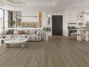 Feathered grey wood-look flooring planks with linear grain pattern