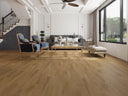 Golden oak wood-look vinyl flooring planks with natural grain