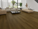 Dark smoked wood-look flooring planks, wide boards with visible grain texture