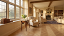 Engineered herringbone wood flooring in light oak tone with V-pattern boards