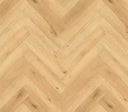 Natural oak laminate herringbone flooring, light tan wood grain plank pattern