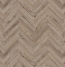Laminate herringbone floor in pebble grey with repeating V-pattern planks.