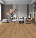 Misty oak laminate plank flooring with wood-grain pattern, wide view across the floor