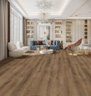 Smoked oak laminate plank flooring with long planks and natural wood grain
