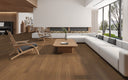 Engineered oak wood flooring with wide plank boards in medium brown