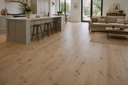 Light tan engineered wood flooring planks laid across open living space, rustic grain