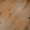 Engineered lacquered hardwood flooring planks, natural oak grain pattern close-up