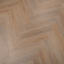 Light oak herringbone SPC vinyl flooring pattern with attached 1mm underlay