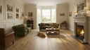 Engineered oak flooring planks with natural grain and knots, installed in a room