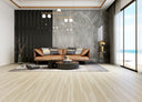Wood-look SPC flooring planks in light tan, with narrow plank seams