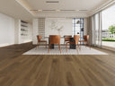 Wood-look flooring planks in warm brown, wide view across a room