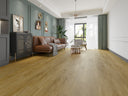 Light oak vinyl plank flooring, wide planks in a living room setting