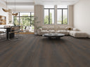 Dark wood-look SPC flooring planks with realistic grain pattern