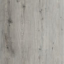 SPC vinyl flooring close-up with light gray woodgrain texture and knots