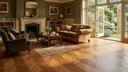 Engineered herringbone wood flooring with warm golden-brown plank pattern