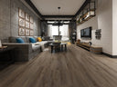 Smoked antique white wood-look WPC vinyl planks, installed flooring view