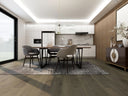 Stonewashed oak WPC plank flooring, medium gray-brown woodgrain, wide boards